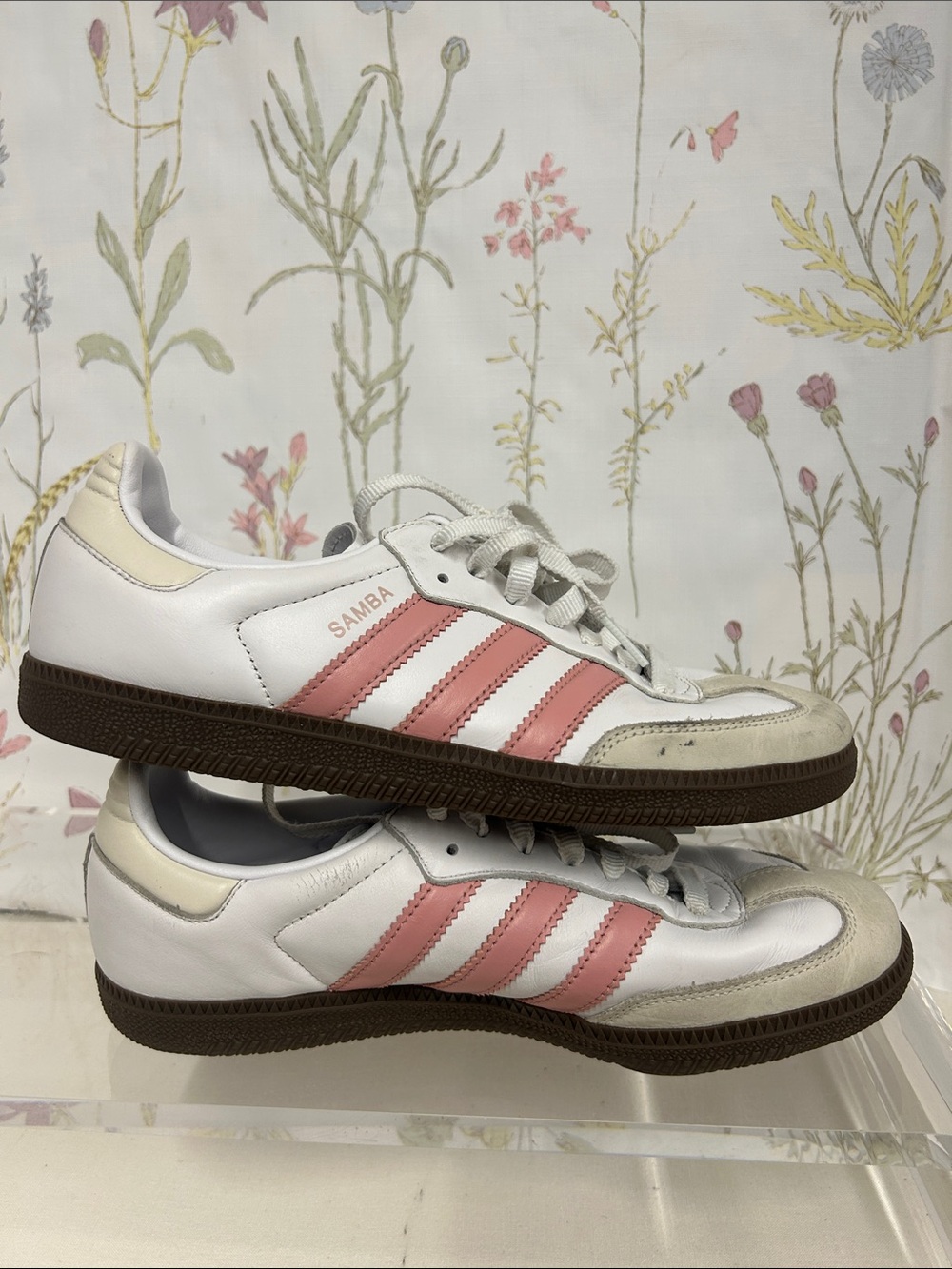adidas Samba Sneakers - White with Pink Stripes and Brown Sole - Picture 6 of 14